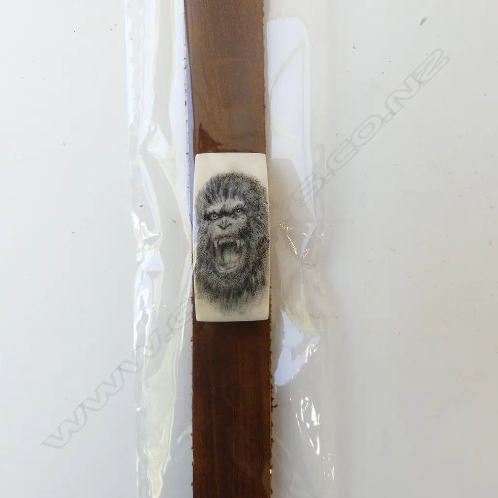 CARVED MAMMOTH TUSK IVORY PANELLED gorilla scrimshaw & LEATHER BRACELET with certificate. In box Image 1++