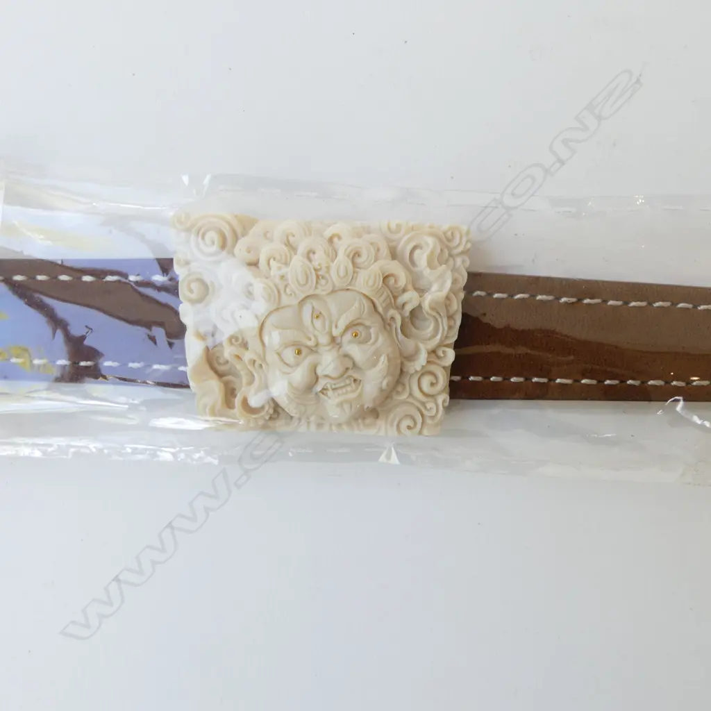 CARVED MAMMOTH TUSK IVORY PANELLED LEATHER BRACELET with certificate. In box Image 1++