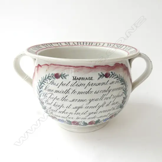 19thC SUNDERLAND MARRIAGE GIFT CHAMBERPOT, BAWDY THEME H.150mm, HAIRLINES