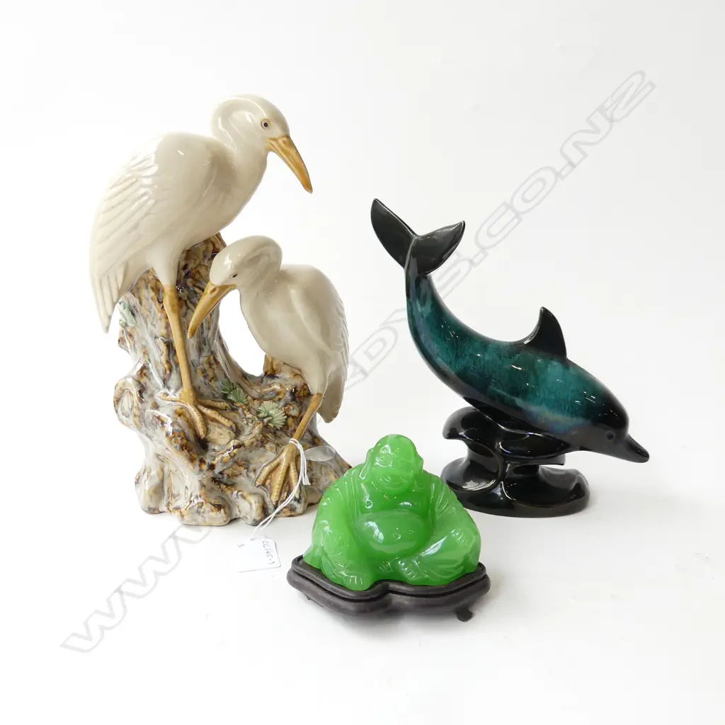 2 HERONS CERAMIC FIGURE H.255mm, GREEN GLASS BUDDDA DOLPHIN Image 1++