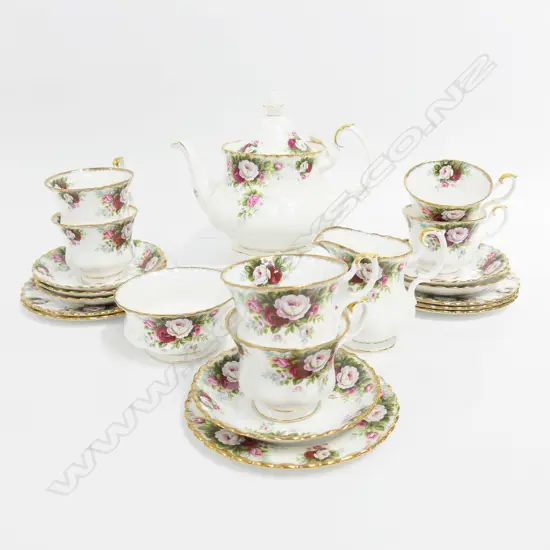 ROYAL ALBERT 'CELEBRATION' TEA SET; 6 TRIOS, TEAPOT, MILK & SUGAR