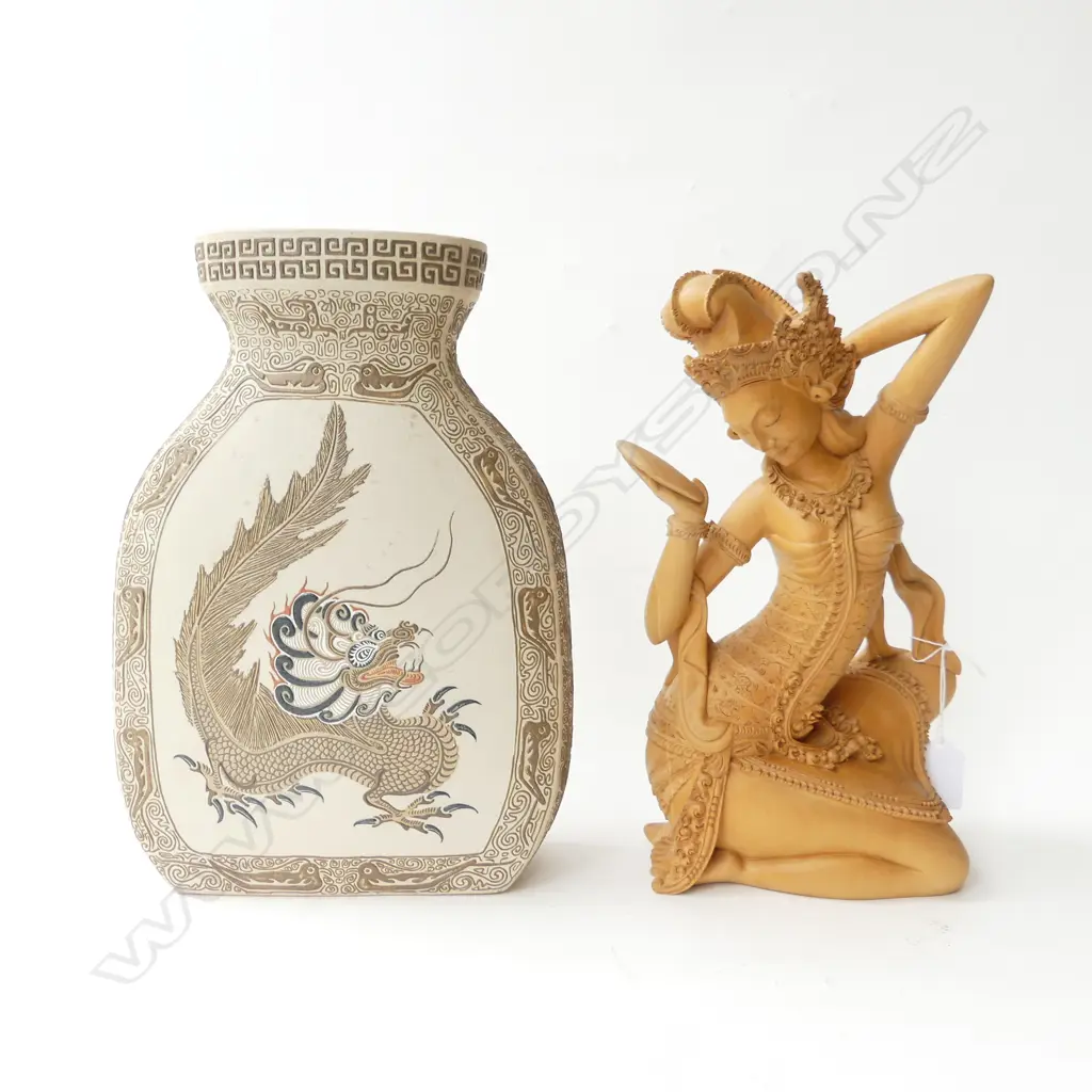 ORIENTAL VASE H.290mm & INDONESIAN CARVED WOODEN FIGURE Image 1++