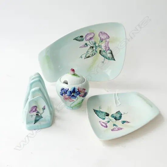 FOUR CARLTONWARE ITEMS, TOASTRACK DISHES HONEY POT, FLORAL RELIEF PATTERN PRE 1960s