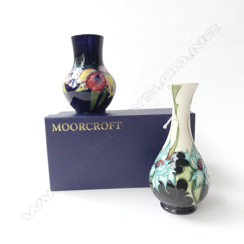 2 MOORCROFT VASES; SEA HOLLY H.170mm CRAZING, IRISES & ORCHIDS H.130mm Image 1++