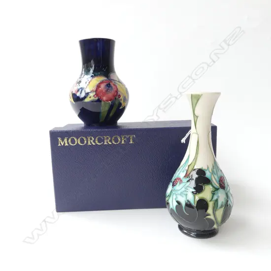 2 MOORCROFT VASES; SEA HOLLY H.170mm CRAZING, IRISES & ORCHIDS H.130mm