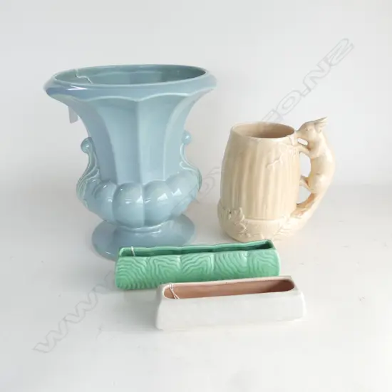 4 PCS; LG BESWICK BLUE URN VASE H.250mm, SYLVAC SQUIRREL VASE H.180mm & 2 TROUGH VASES, SYLVAC/POOLE