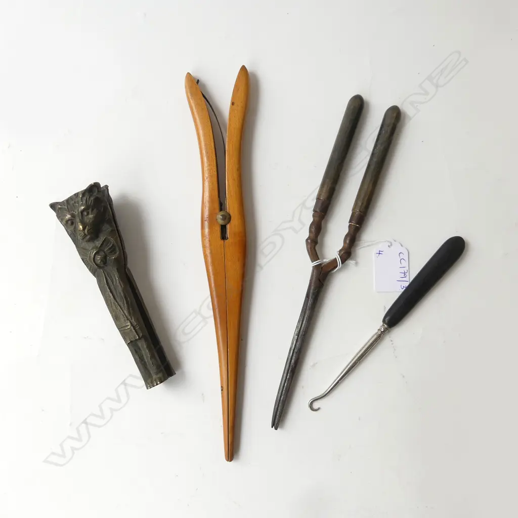 NUTCRACKER, TONGS, WOODEN GLOVE STRETCHERS, BUTTON HOOK Image 1++