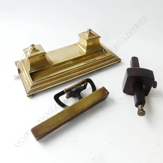 BRASS INK WELL W.275mm, SCRIBE & PROTRACTOR