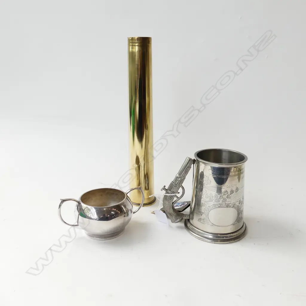 SHELL CASE H.305mm, PEWTER MUG w. GUN HANDLE, EP SUGAR BOWL Image 1++
