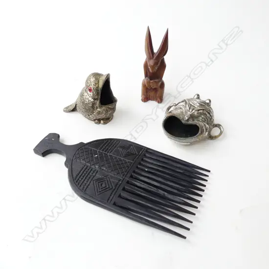 4 ITEMS: 2 Vintage metal ashtrays: bird & devils face + African comb + carved Japanese? rabbit