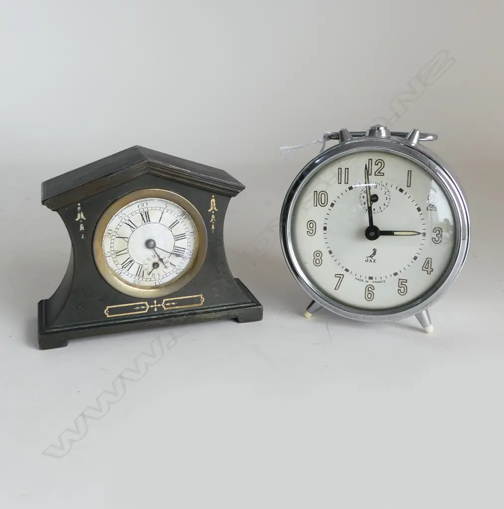 TWO BEDSIDE CLOCKS ONE METAL REGENCY STYLE POS 1920s,  L.156mm & FRENCH 'JAZ' BEDSiDE ALARM CLOCK CHROME DECO, Dia 100mm Image 1++