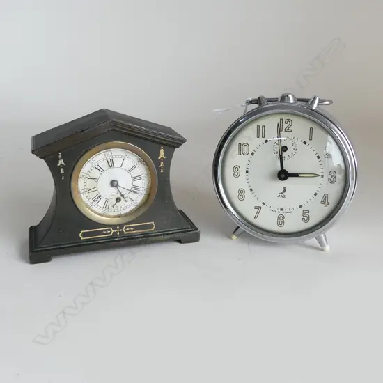 TWO BEDSIDE CLOCKS ONE METAL REGENCY STYLE POS 1920s,  L.156mm & FRENCH 'JAZ' BEDSiDE ALARM CLOCK CHROME DECO, Dia 100mm