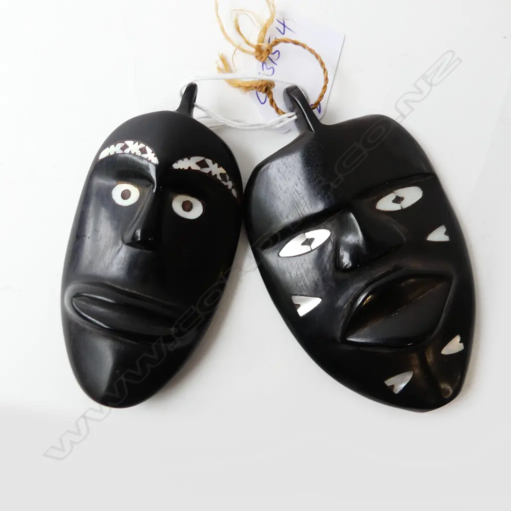 2 carved & polished ebony mask pendants mother of pearl inlays H.100 & 93mm Image 1++