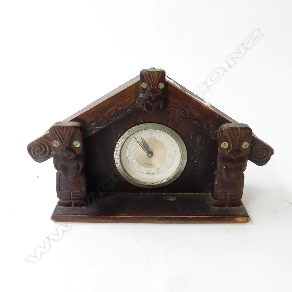 'Aatahua' Māori meeting house shaped clock with German movement W.200mm dial named Aatahua. Running Image 1++