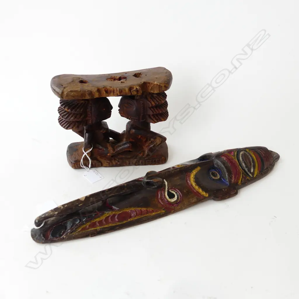 TWO PCS TRIBAL ART; SOMALIAN HEADREST & ANCESTOR MASK, H.440mm Image 1++
