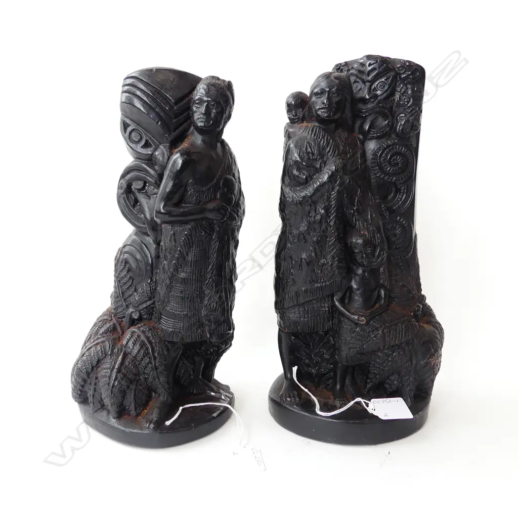 TWO VINTAGE WAXED STATUETTES, MAORI FIGURES IN TRADITIONAL COSTUME w CARVINGS IN B/GND Image 1++