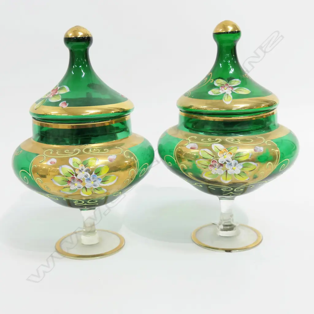 PR GREEN VENETIAN GLASS LIDDED CONTAINERS H.245mm Image 1++