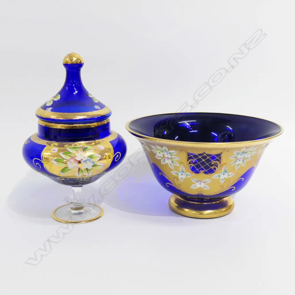 2 PCES BLUE VENETIAN GLASS, BOWL 240mm dia & LIDDED CONTAINER H.245mm Image 1++