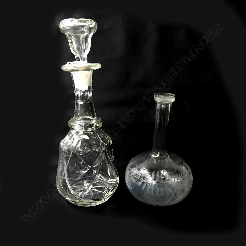 2 ANTIQUE GLASS DECANTERS H.310mm (ONE NO STOPPER) Image 1++