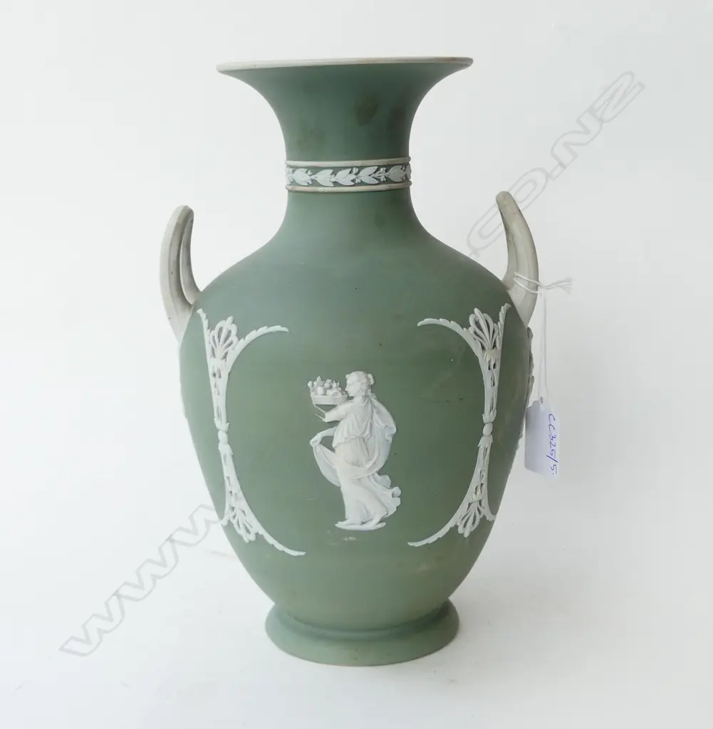 WEDGWOOD SAGE GREEN JASPERWARE VASE, losses to applied decoration H.270mm Image 1++