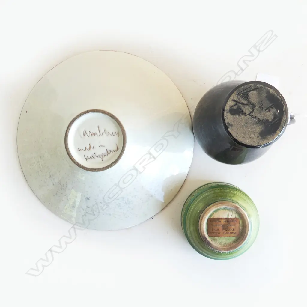 5 PCES STUDIO POTTERY; SWISS BOWL 200mm dia, BLACK JUG, PAUL WALSHE BOWL, TRACTOR & BOOT Image 1++