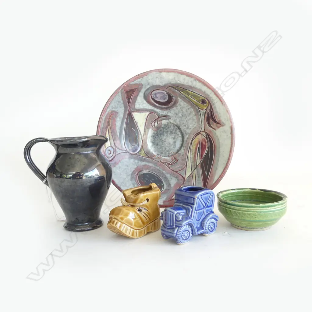 5 PCES STUDIO POTTERY; SWISS BOWL 200mm dia, BLACK JUG, PAUL WALSHE BOWL, TRACTOR & BOOT Image 1++