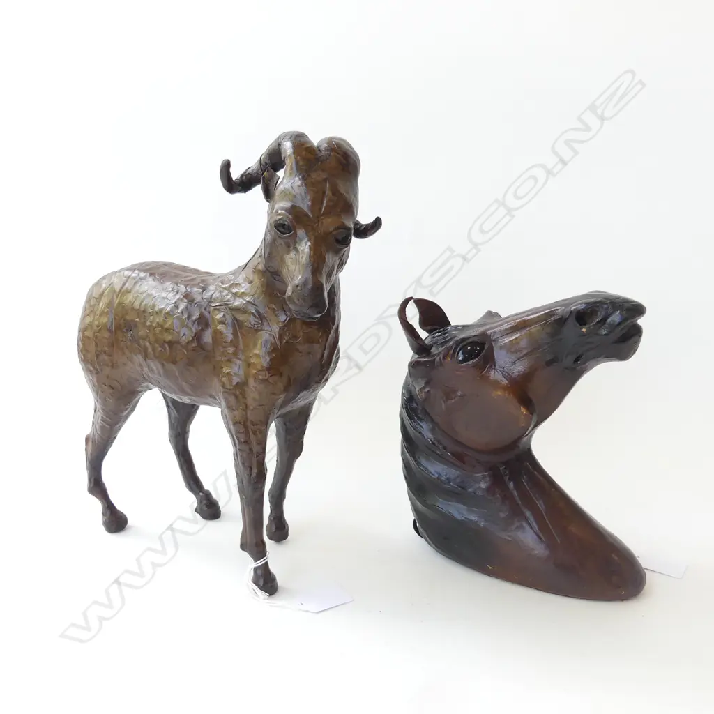 *RTV* 2 LEATHER FINISHED ANIMALS; WALL HUNG HORSE HEAD 170 X 190mm & GOAT w HORNS H.280 x 240mm Image 1++