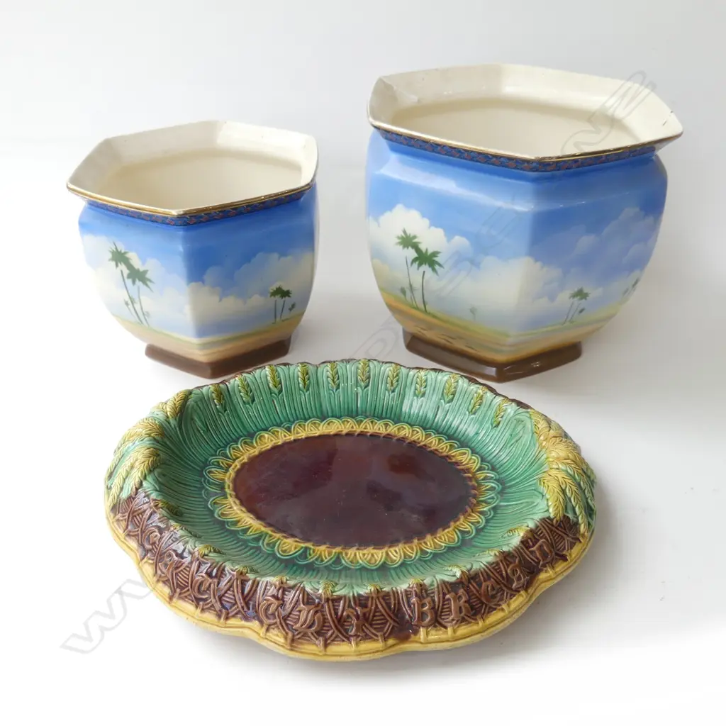 TWO FALCON WARE JARDINIERE H215mm, WITH MAJOLICA DISH W325mm AF Image 1++