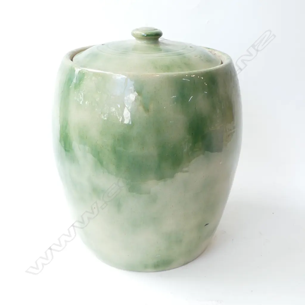 LRG VINTAGE TIMARU POTTERY BREAD CROCK, LIDDED, SPECKLED GREEN GLAZE, H.300mm Image 1++