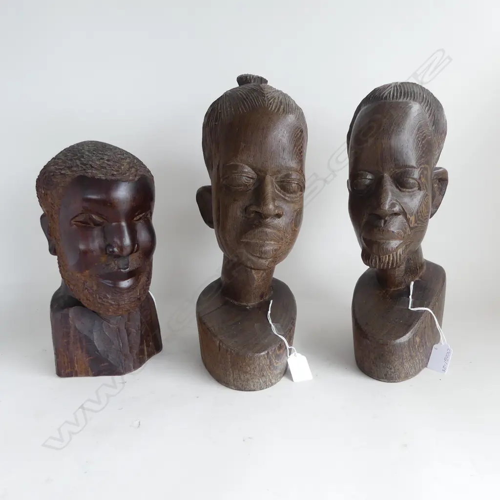3 LG AFRICAN CARVED EBONY HEADS, H.360mm Image 1++