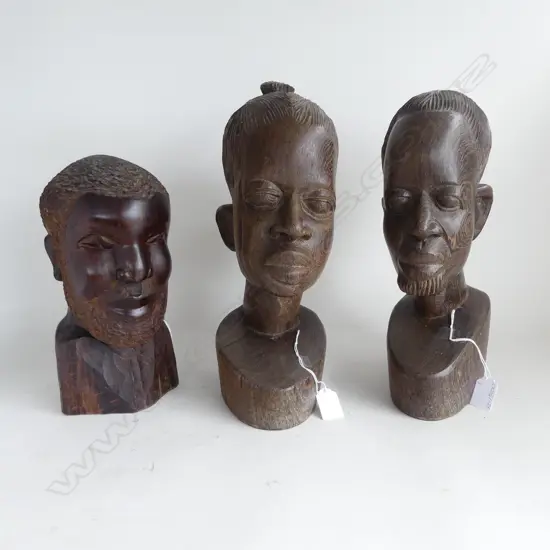 3 LG AFRICAN CARVED EBONY HEADS, H.360mm
