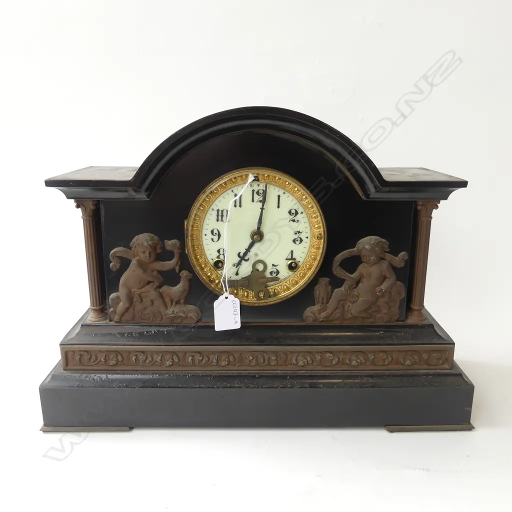 ANTIQUE ANSONIA CAST IRON MANTLE CLOCK, W410mm Image 1++