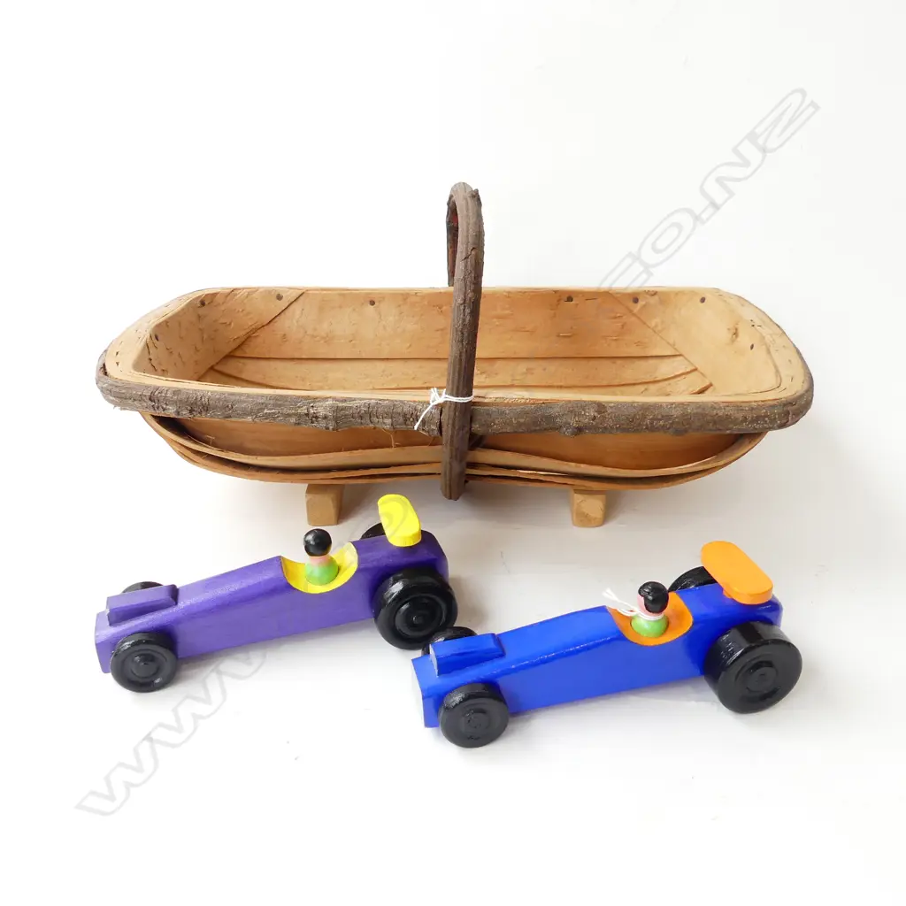 WOODEN FLOWER TRUG BASKET & 2 WOODEN RACING CARS Image 1++