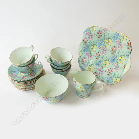 21 PCE SHELLEY 'MELODY' TEA SET; 6 TRIOS, CAKE PLATE, MILK & SUGAR