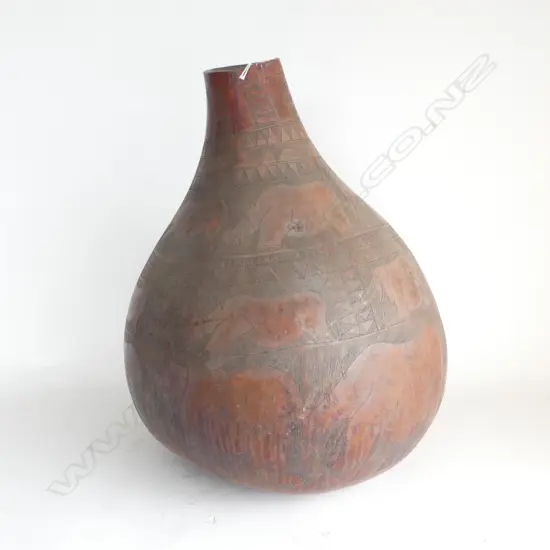 LARGE AFRIAN GOURD CONTAINER ETCHED WITH ANIMAL SCENES H470MM