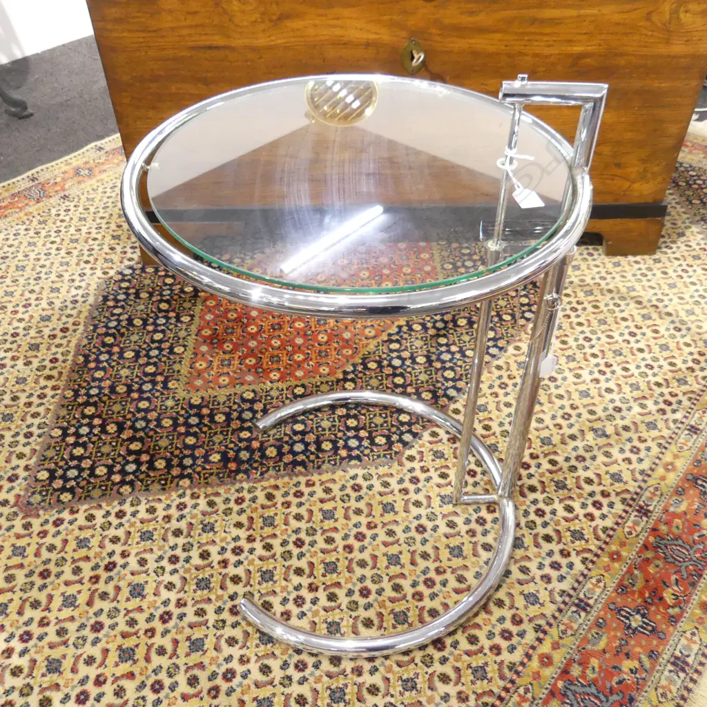 EILEEN GRAY E 1027 STYLE CHROME & GLASS SIDE TABLE 510mm dia Image 1++