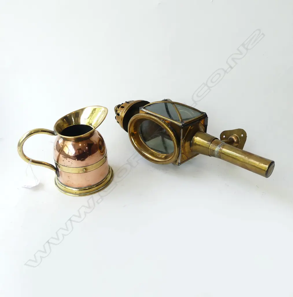 BRASS CARRIAGE LAMP W. MOUNT H.380mm, BRASS & COPPER JUG H.140mm Image 1++