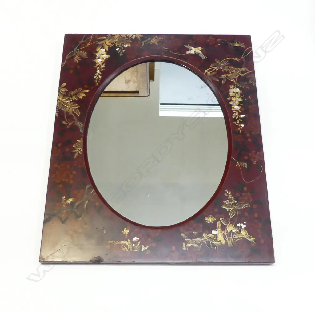 RED JAPANESE LACQUER OVAL MIRROR c.1900, APPLIED STONE DETAIL TO FRAME, 600 x 700mm Image 1++