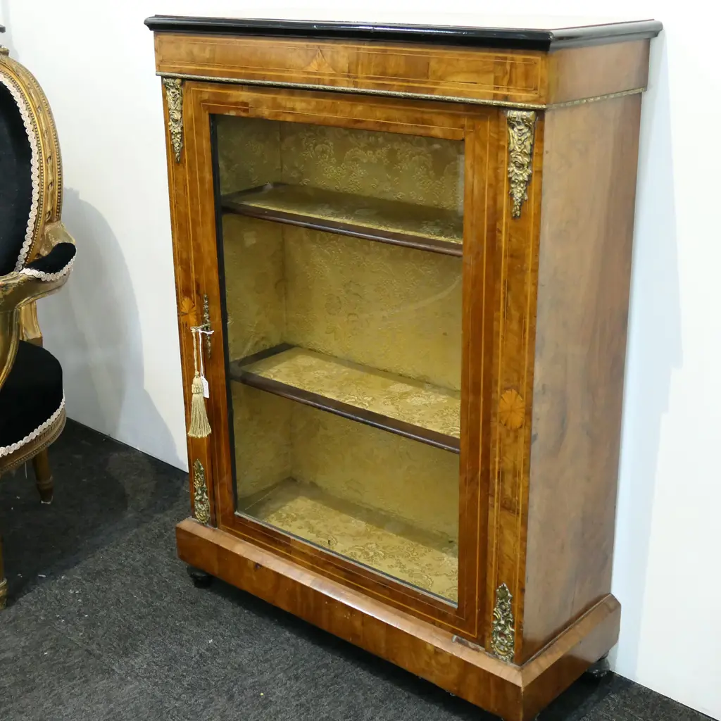 VICTORIAN WALNUT INLAID VITRINE PIER CABINET 760x290x1045mm Image 1++
