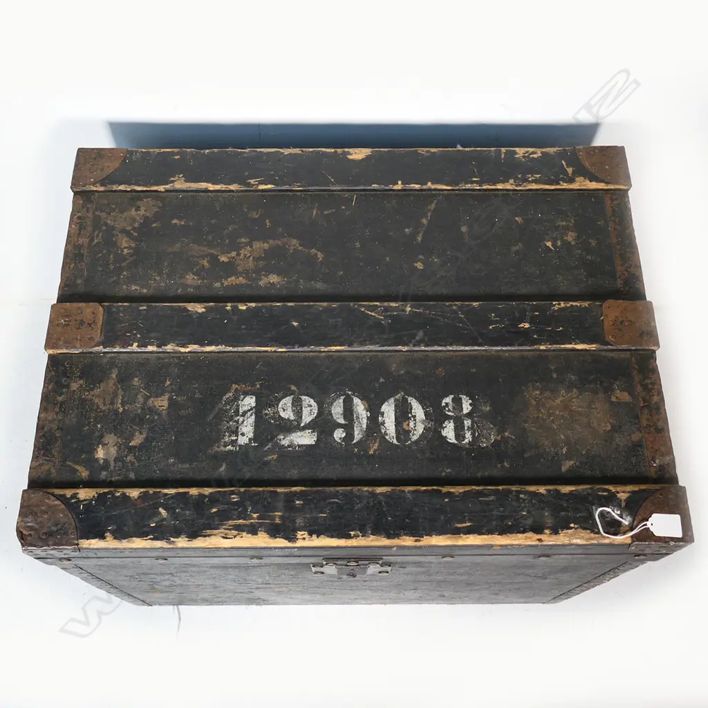 A rare military saddle and extras including pair dispatch bags in original travelling trunk Image 1++
