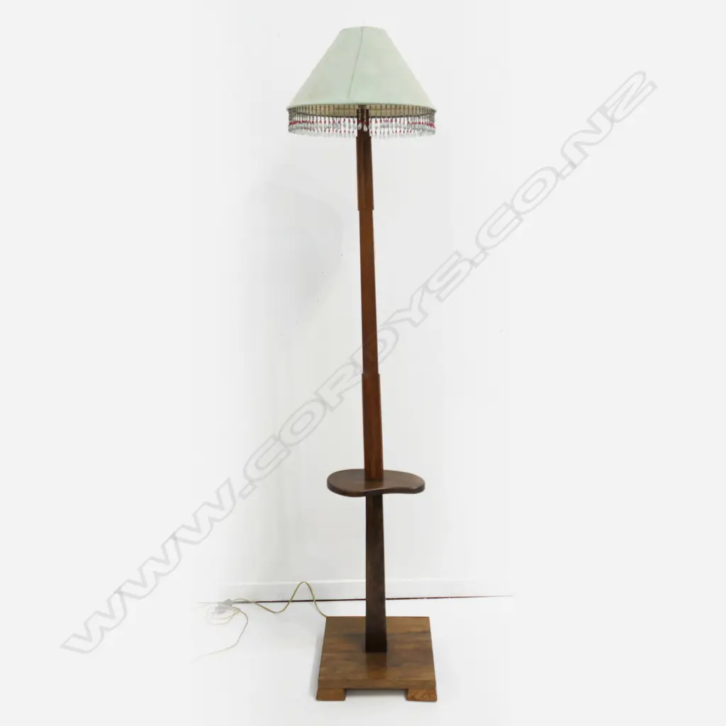 ART DECO OAK MAHOGANY STANDARD LAMP WITH TASSLE SHADE Image 1++