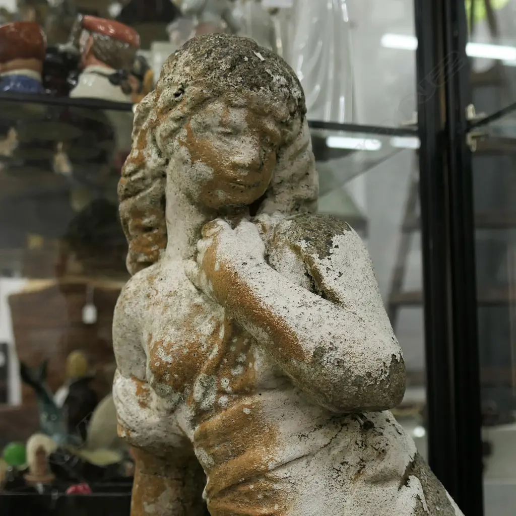 3 PCES; CONCRETE GARDEN FIGURE H.670mm & PLINTH + ORIENTAL STOOL Image 1++