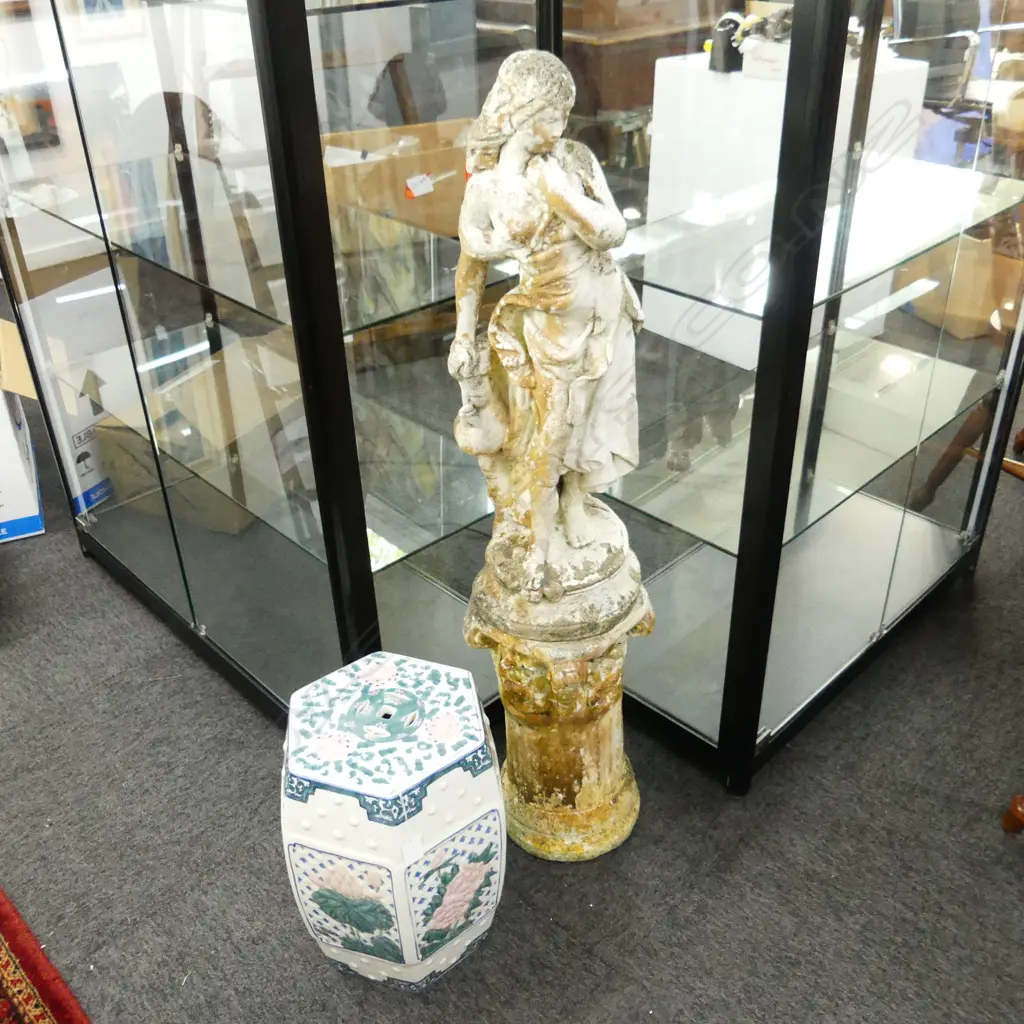 3 PCES; CONCRETE GARDEN FIGURE H.670mm & PLINTH + ORIENTAL STOOL Image 1++