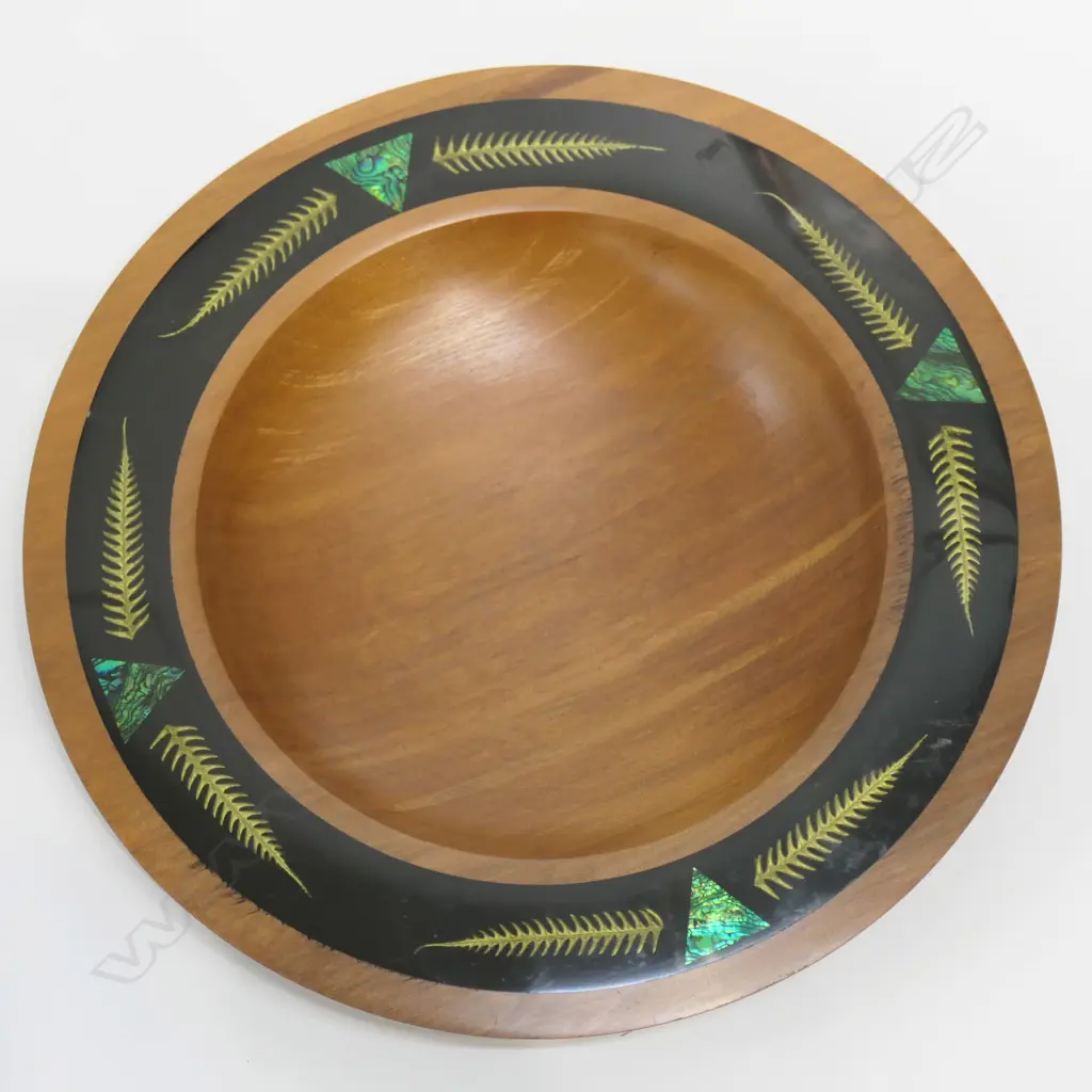 INLAID ANCIENT KAURI TURNED BOWL, SIGNED VERSO KARL K 305mm dia Image 1++