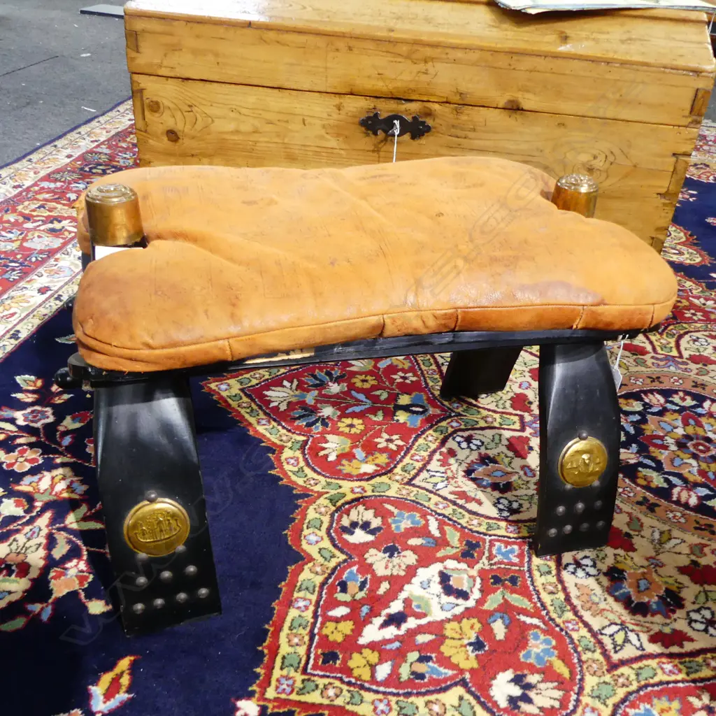 LEATHER CAMEL STOOL W. BRASS EGYPTIAN ROUNDELS 600x320x390mm Image 1++