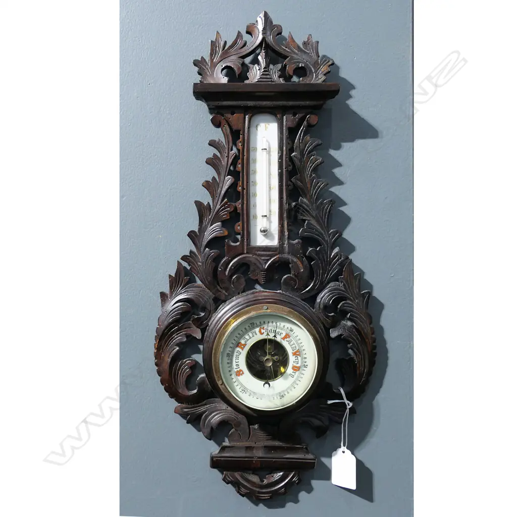 ANTIQUE CARVED WOODEN WALL BAROMETER H.460mm old borer sign Image 1++