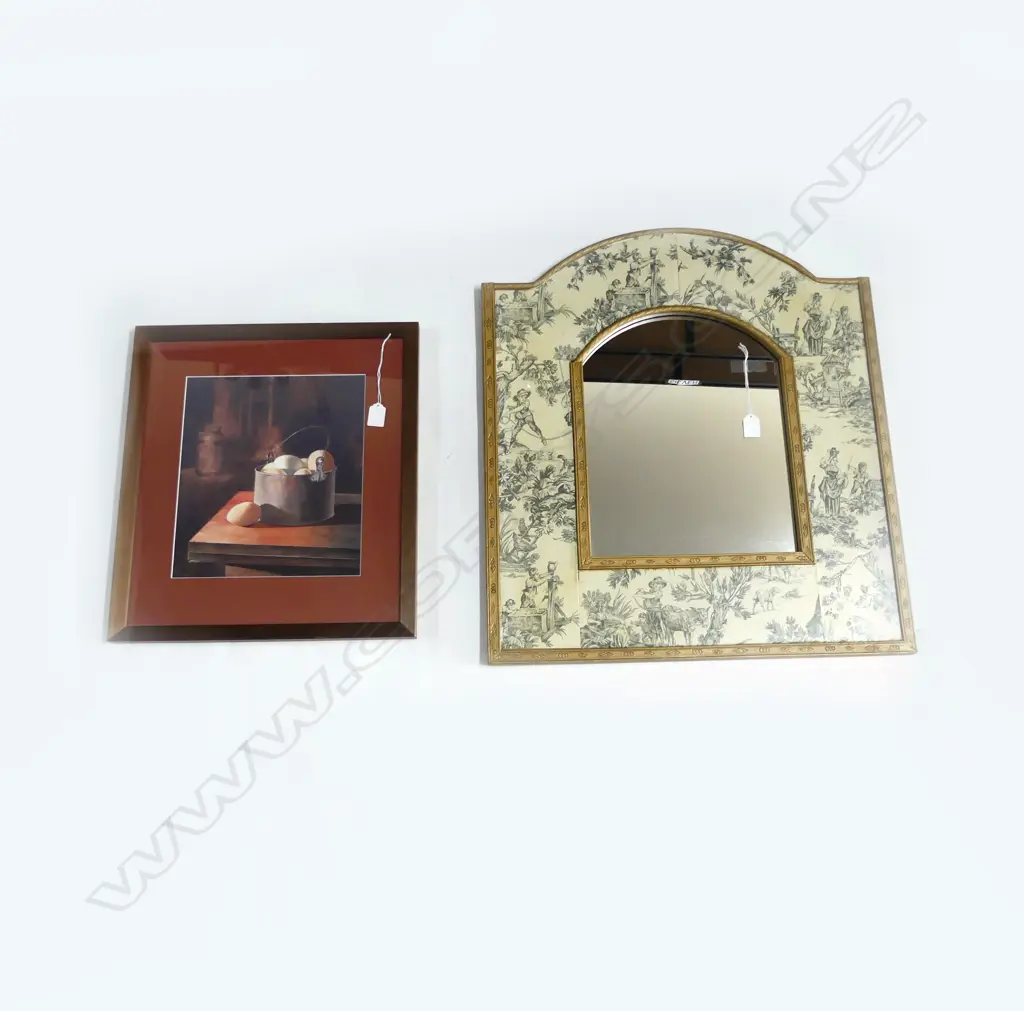 MIRROR w. TOILE FRAME 670x600mm + STEVE HARRIS STILL LIFE w. EGGS PRINT Image 1++