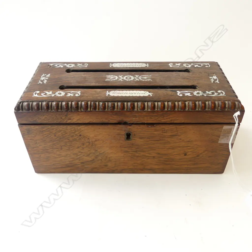 ANTIQUE MAHOGANY LETTER BOX w. MoP INLAY W.230mm 'ANSWERED' 'UNANSWERED' Image 1++