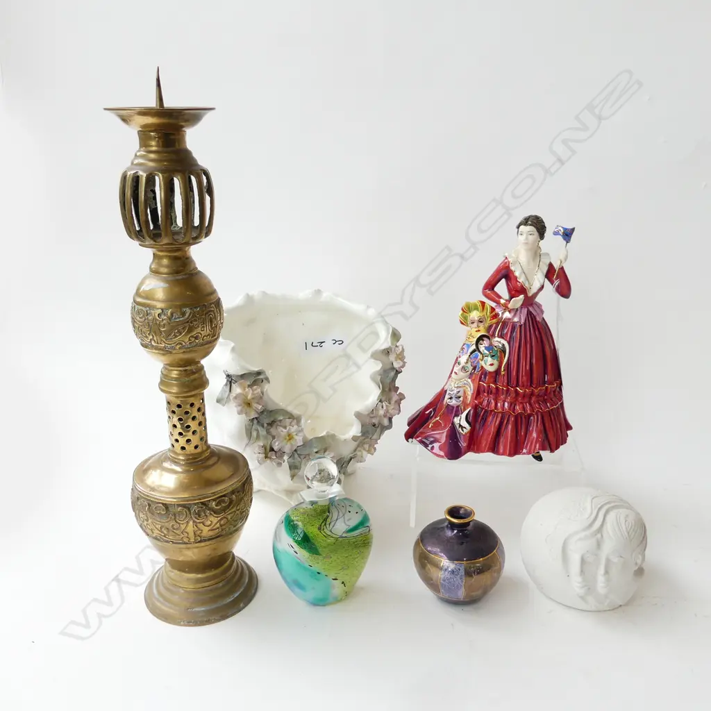 6 PCES; FIGURINE, CANDLESTICK H.390mm, 2 VASES, STONE ART, ART GLASS PERFUME BOTTLE Image 1++