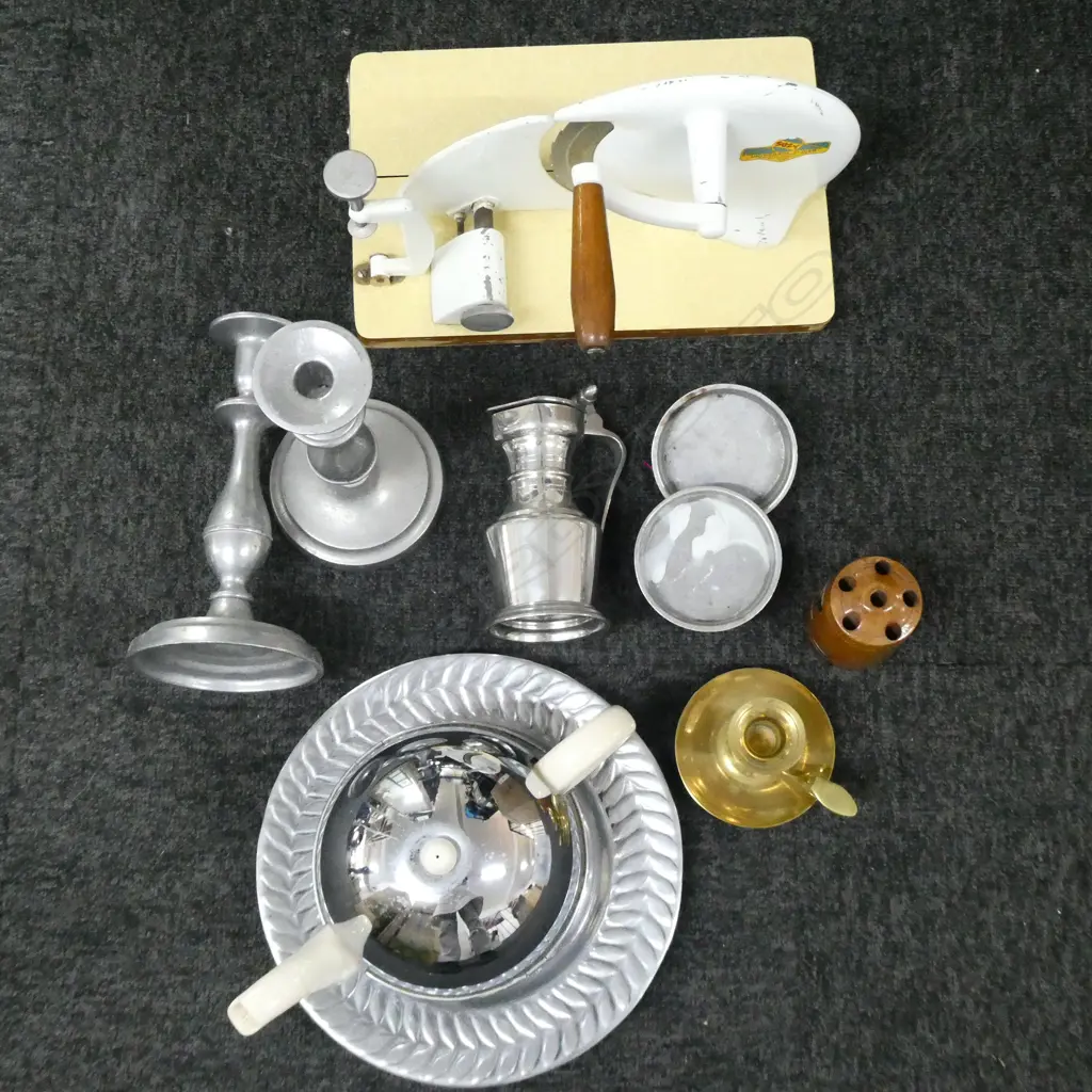 CONTAINER OF KITCHENALIA  PEWTER CANDLESTICKS ETC Image 1++